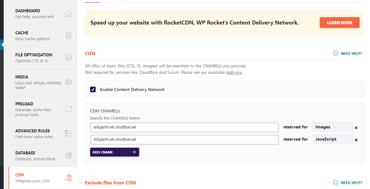 WP Rocket proper CDN settings